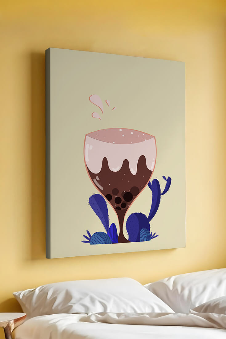 Illustration of a whimsical wine glass with liquid splash and purple plants