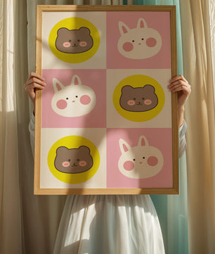 Diseño de patrones de animales juguetones con caras de osos y conejos en colores pastel
