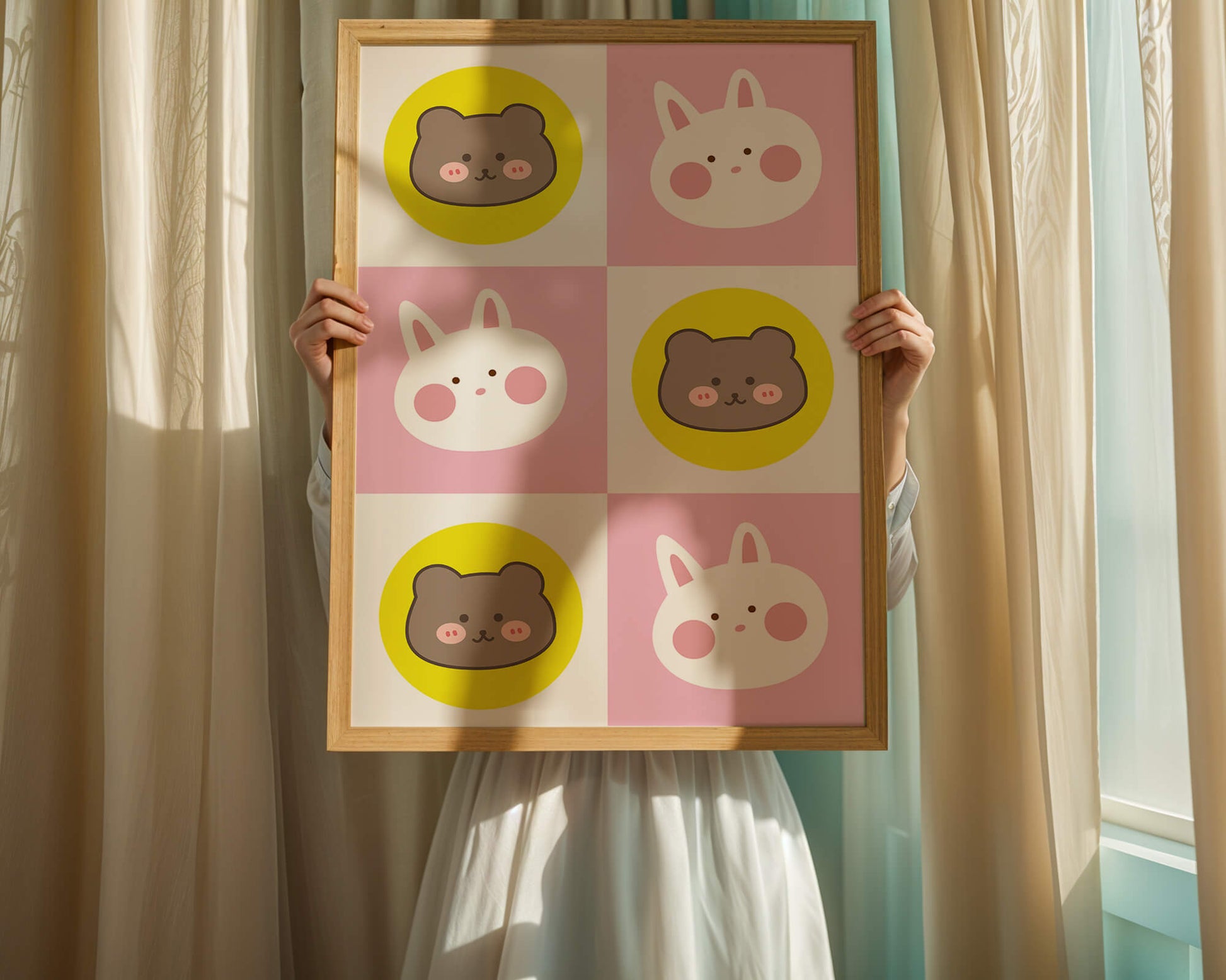 Diseño de patrones de animales juguetones con caras de osos y conejos en colores pastel