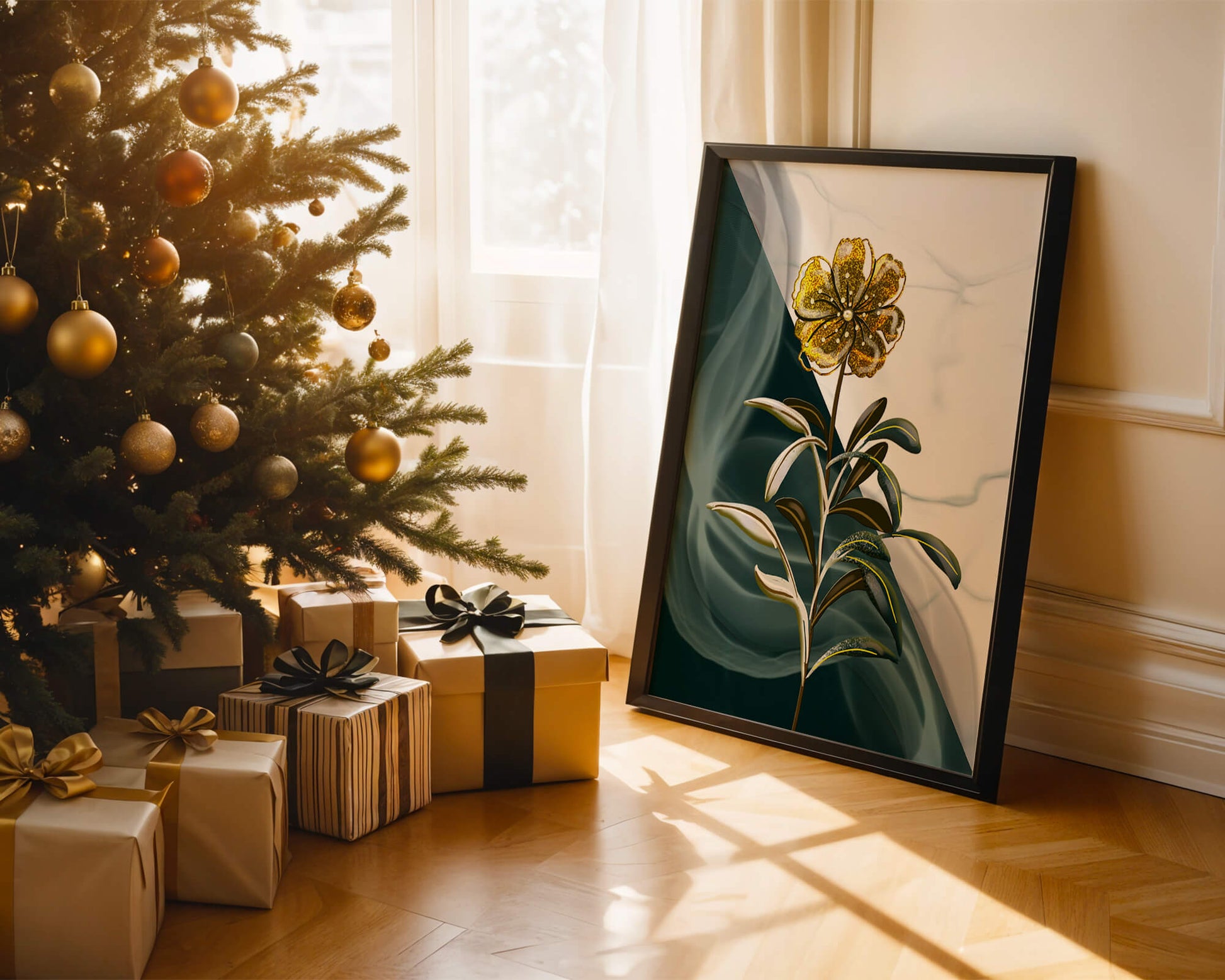 Elegant golden flower art with abstract background