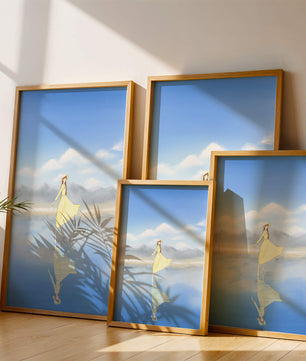 Woman in yellow dress standing on reflective water against clear sky