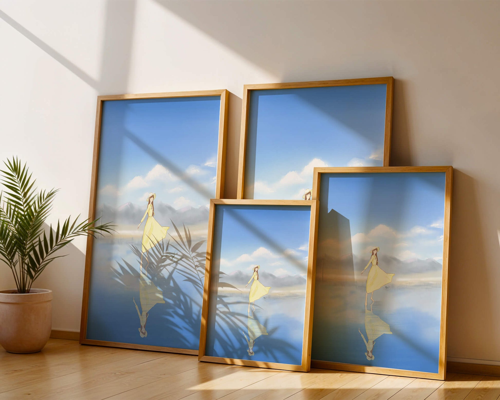 Woman in yellow dress standing on reflective water against clear sky