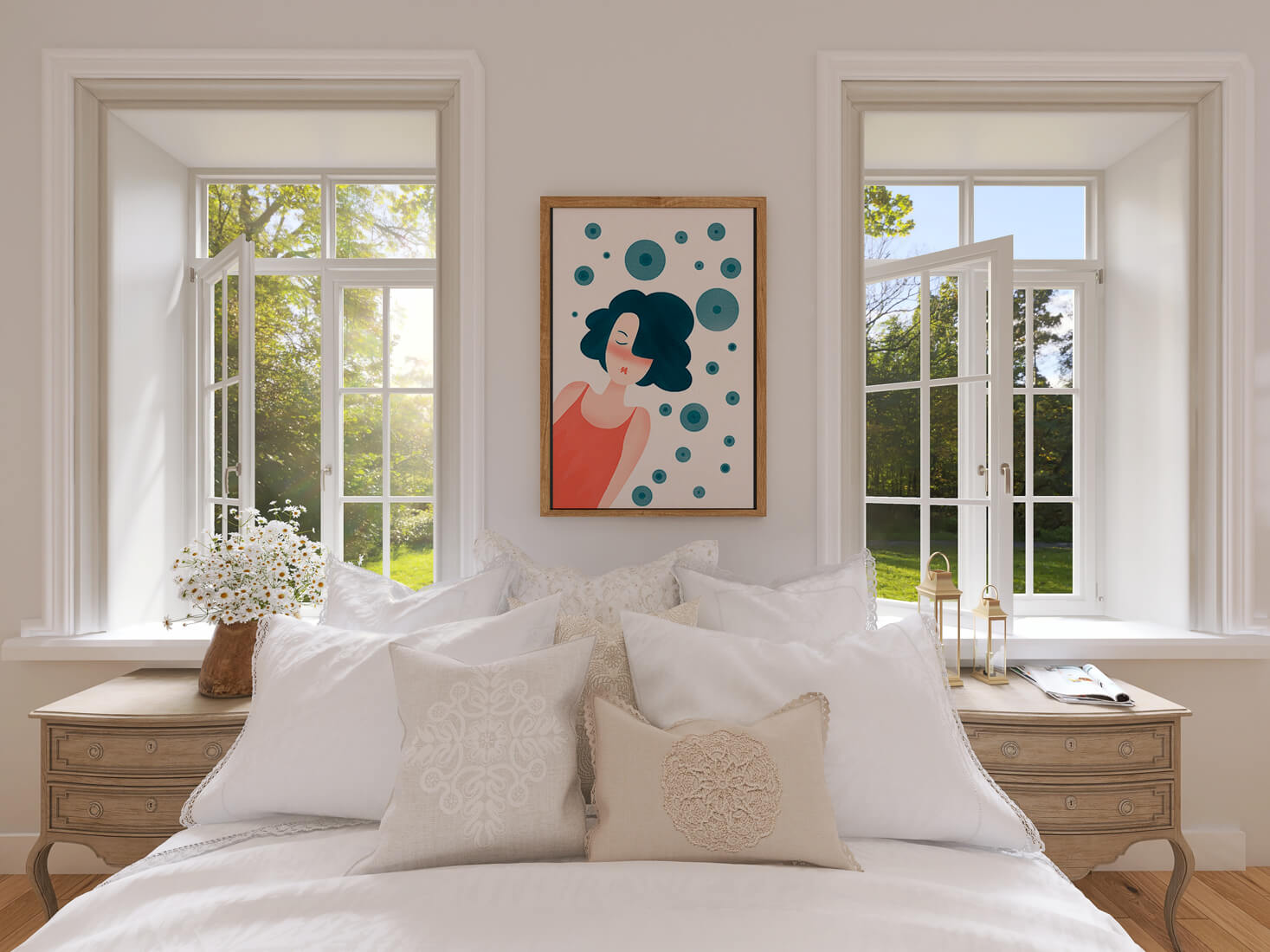 Dreamy Female Portrait with Abstract Circles in Modern Art Style - Mi tienda