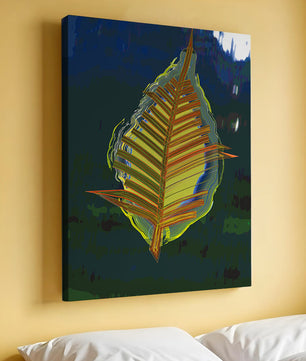 Abstract digital artwork featuring a vibrant multicolored leaf
