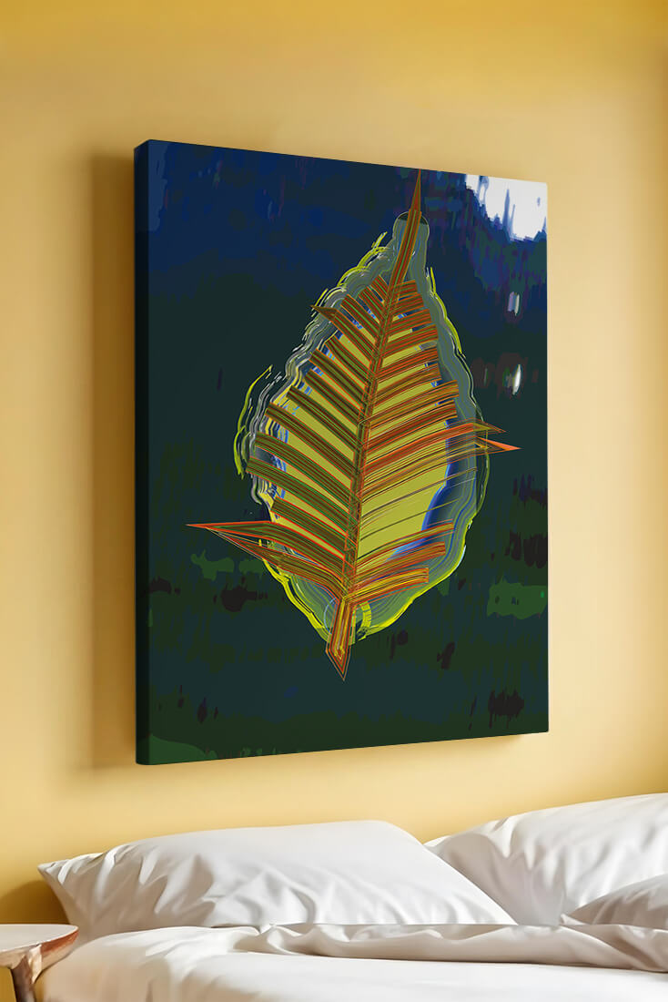 Abstract digital artwork featuring a vibrant multicolored leaf