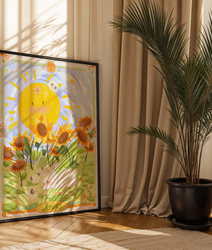 Ilustración encantadora de Aries con animales juguetones y girasoles