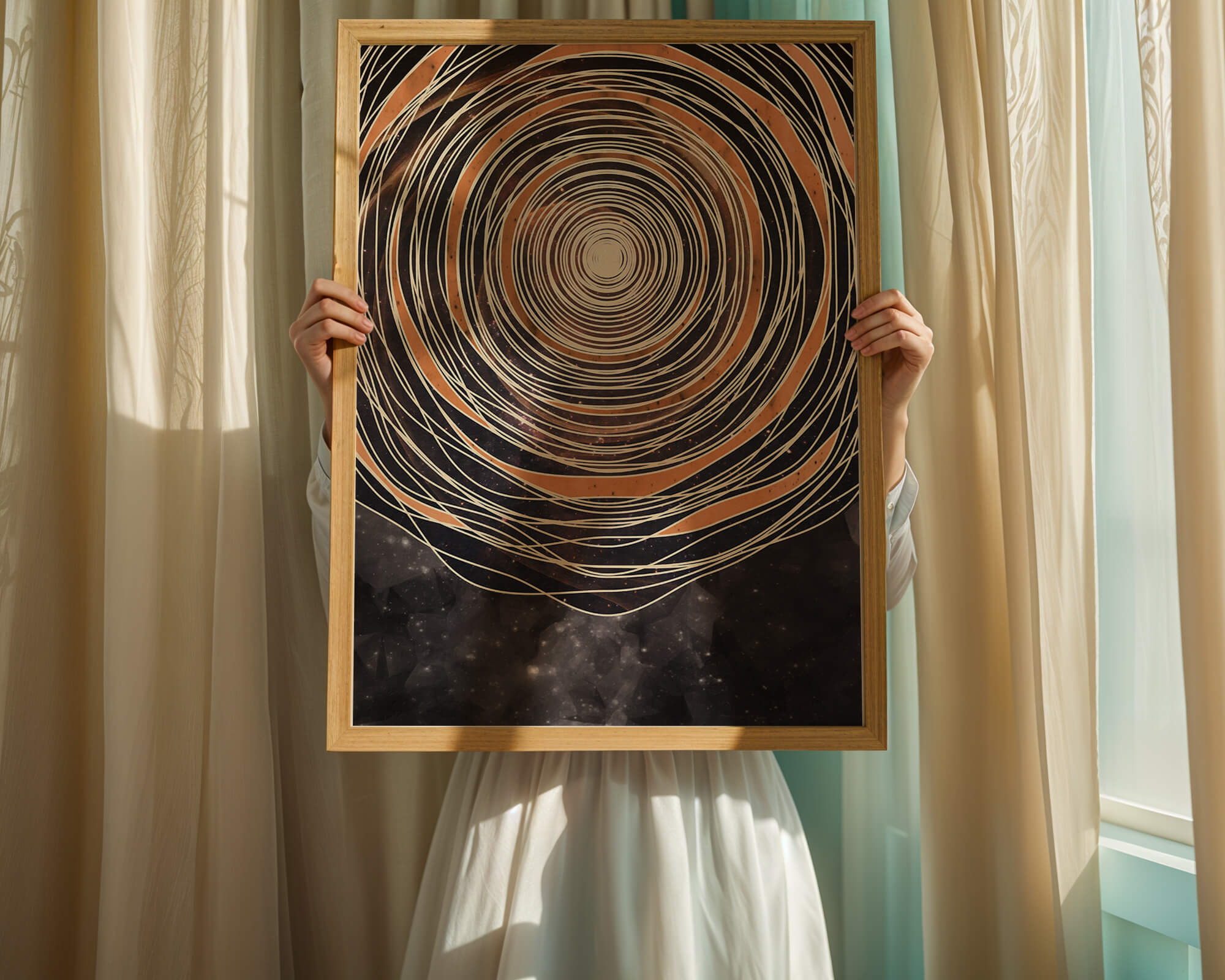 Abstract cosmic spiral with concentric oval patterns and starry background