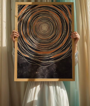 Espiral cósmica abstracta con patrones ovalados concéntricos y fondo estrellado