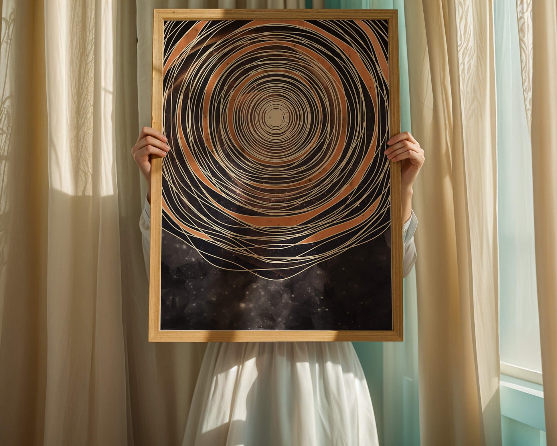 Abstract cosmic spiral with concentric oval patterns and starry background