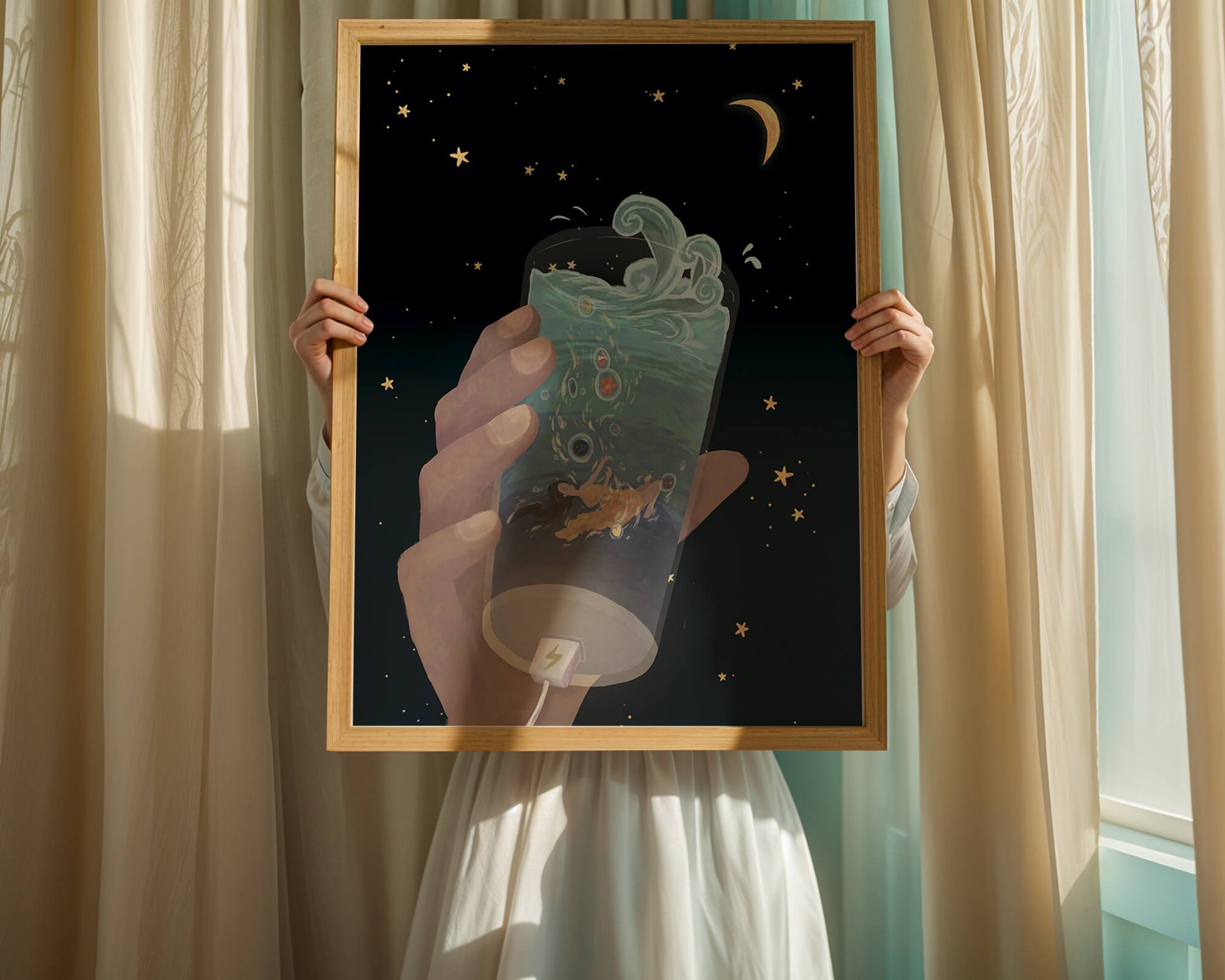 Abstract night sky scene with hand holding a glass of swirling water