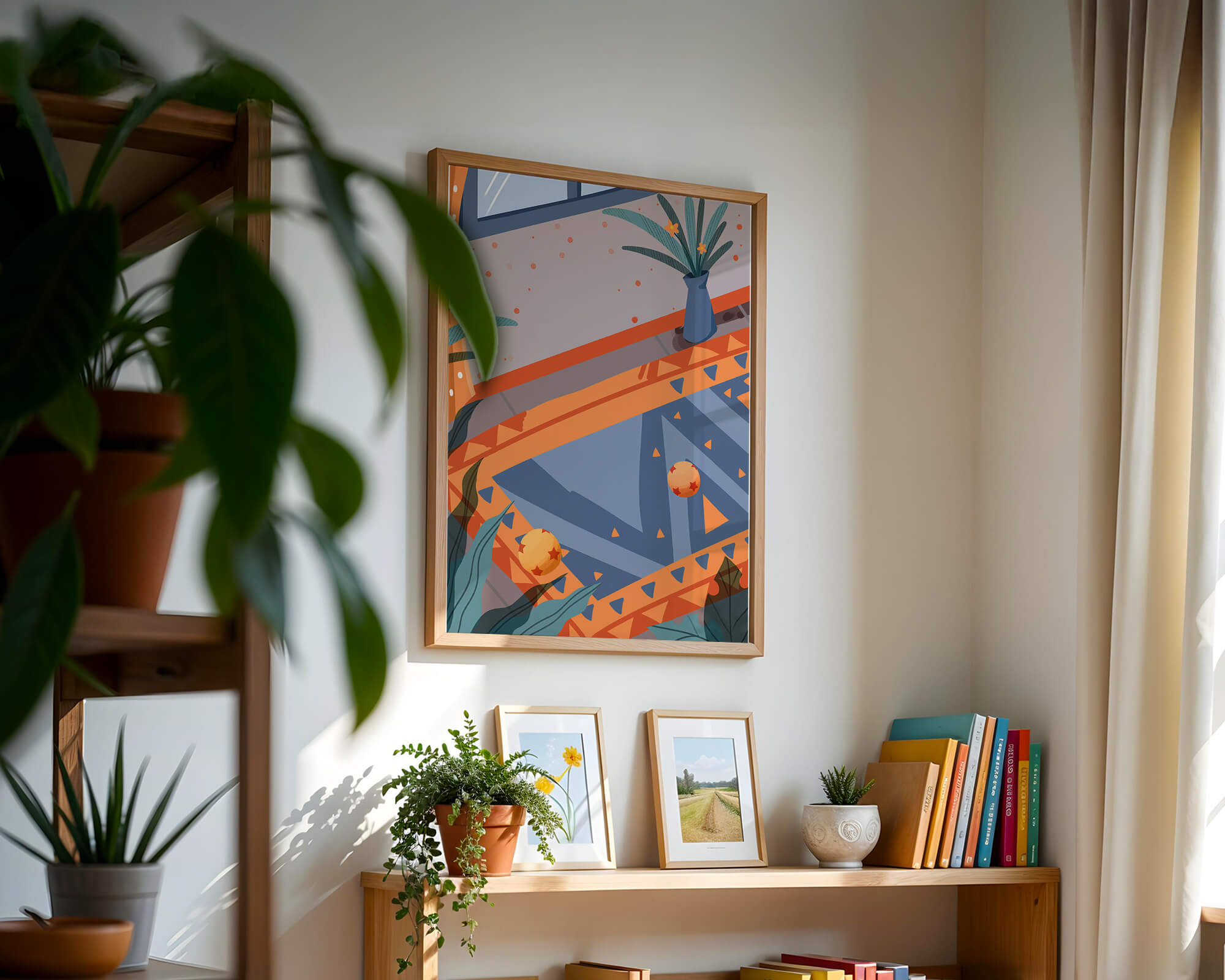 Modern interior with geometric patterns and vibrant colors