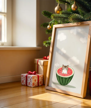Whimsical art of a kitten in watermelon with clouds