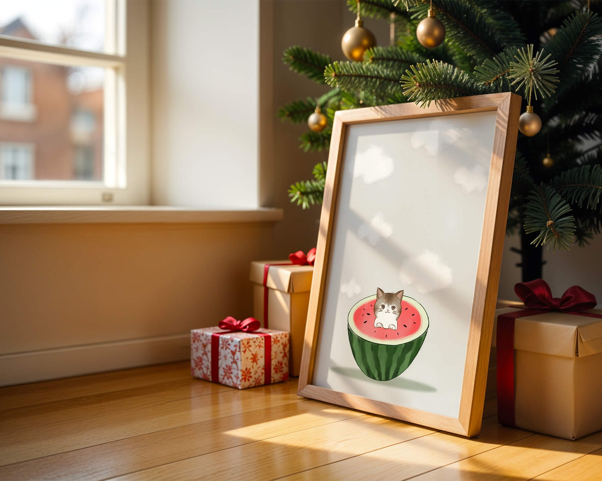 Whimsical art of a kitten in watermelon with clouds
