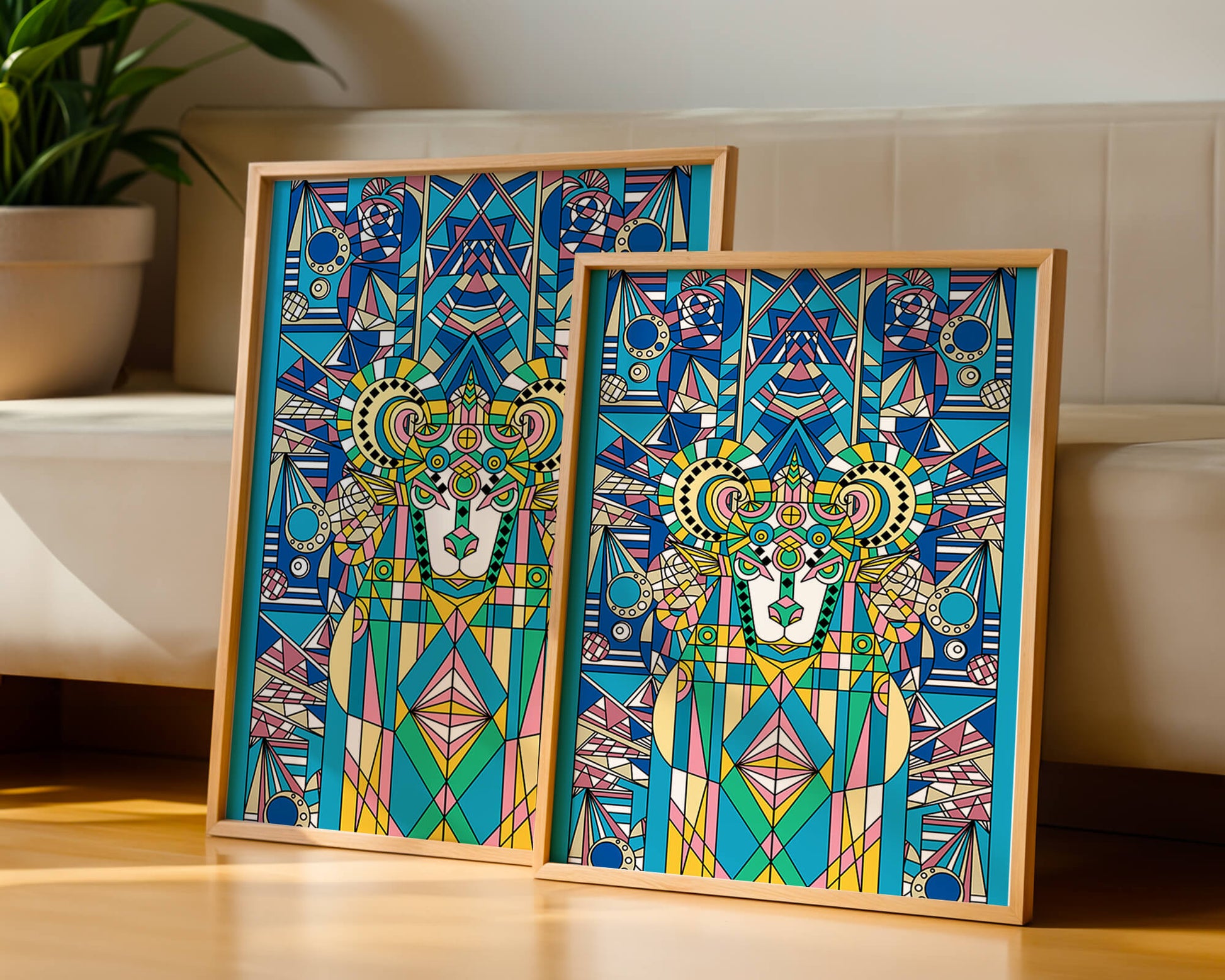 Diseño geométrico colorido de carnero con patrones simétricos