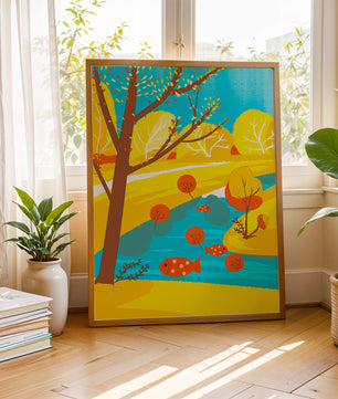 Paysage d'automne coloré avec rivière et arbres vibrants