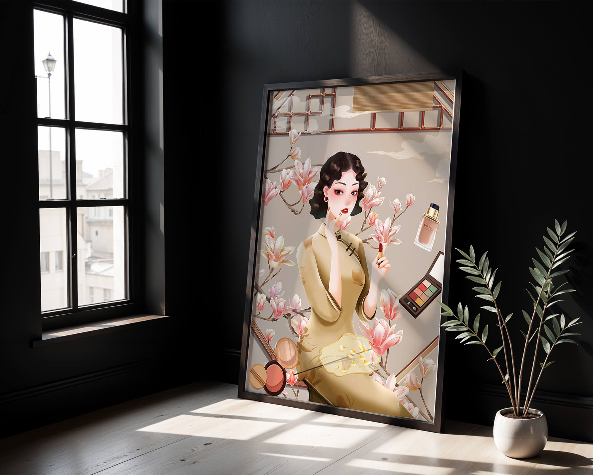 Elegant illustration of a woman with makeup and magnolia flowers
