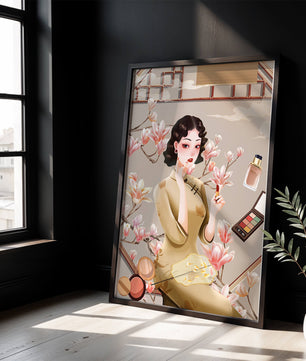 Elegant illustration of a woman with makeup and magnolia flowers