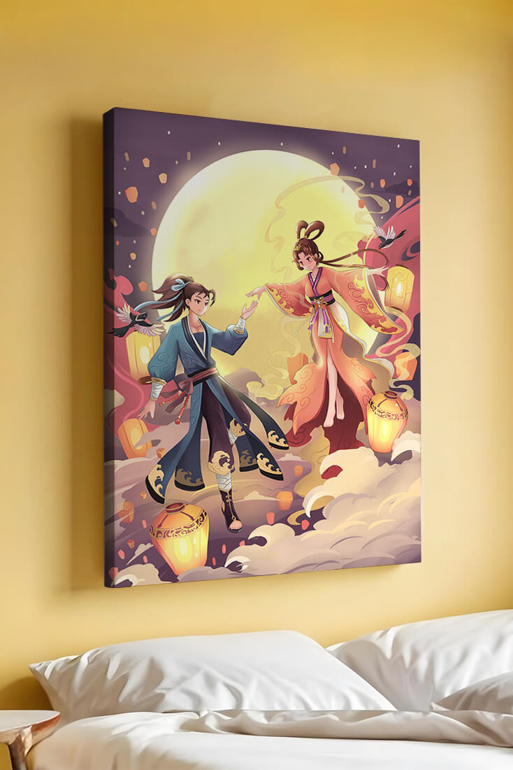 Elegant moonlit fantasy scene with traditional attire