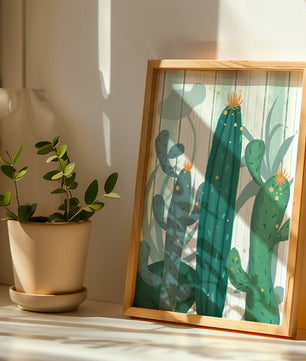 Colorful Cacti with Golden Elements on a Textured Background
