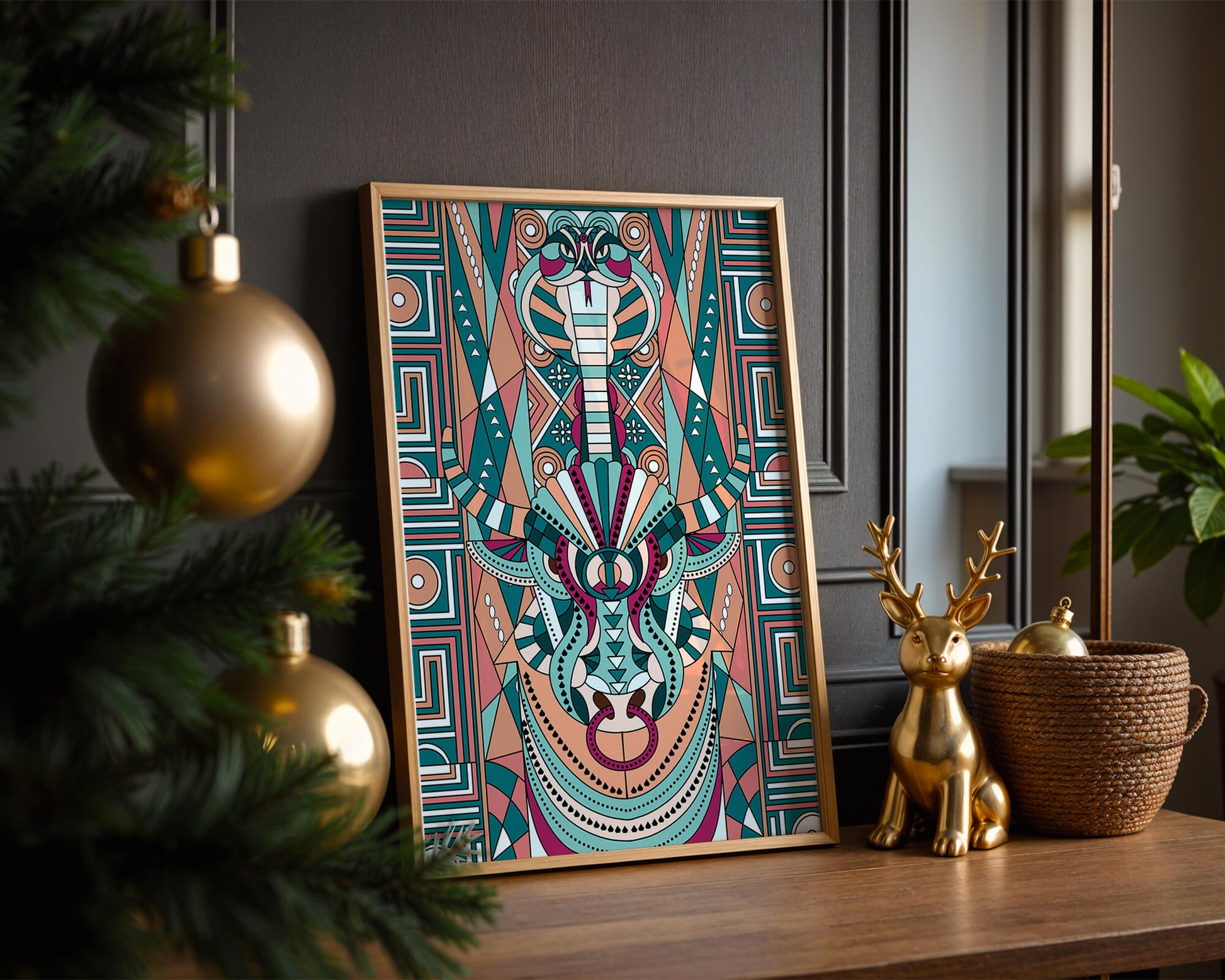 Patrón geométrico de animales con toro y cobra en colores vibrantes