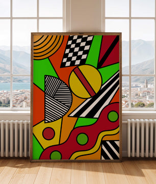 Vibrant geometric abstract artwork with bold colors and shapes