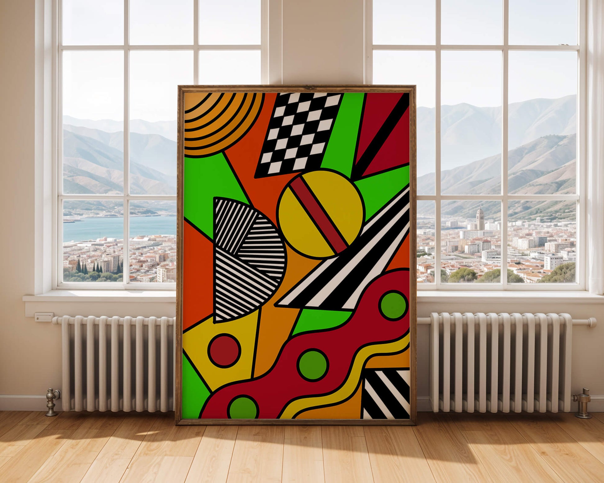 Vibrant geometric abstract artwork with bold colors and shapes