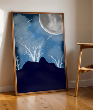 Paysage nocturne d'hiver avec arbres nus et pleine lune