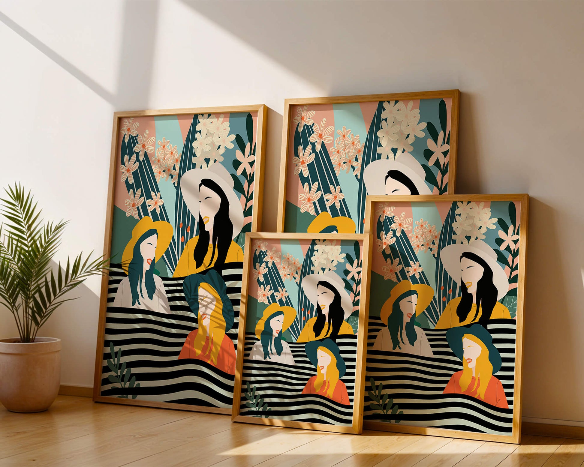 Illustration abstraite colorée de trois femmes avec des éléments floraux et botaniques