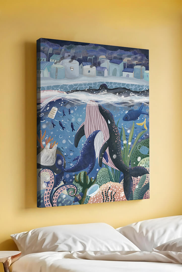 Whimsical Underwater City with Marine Life and Pollution