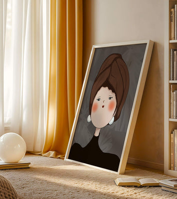 Elegant portrait of a woman with a unique headscarf and expressive features