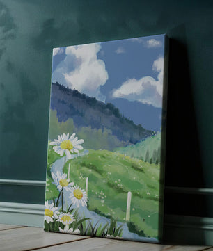 Meadow with Daisies Under Bright Blue Sky