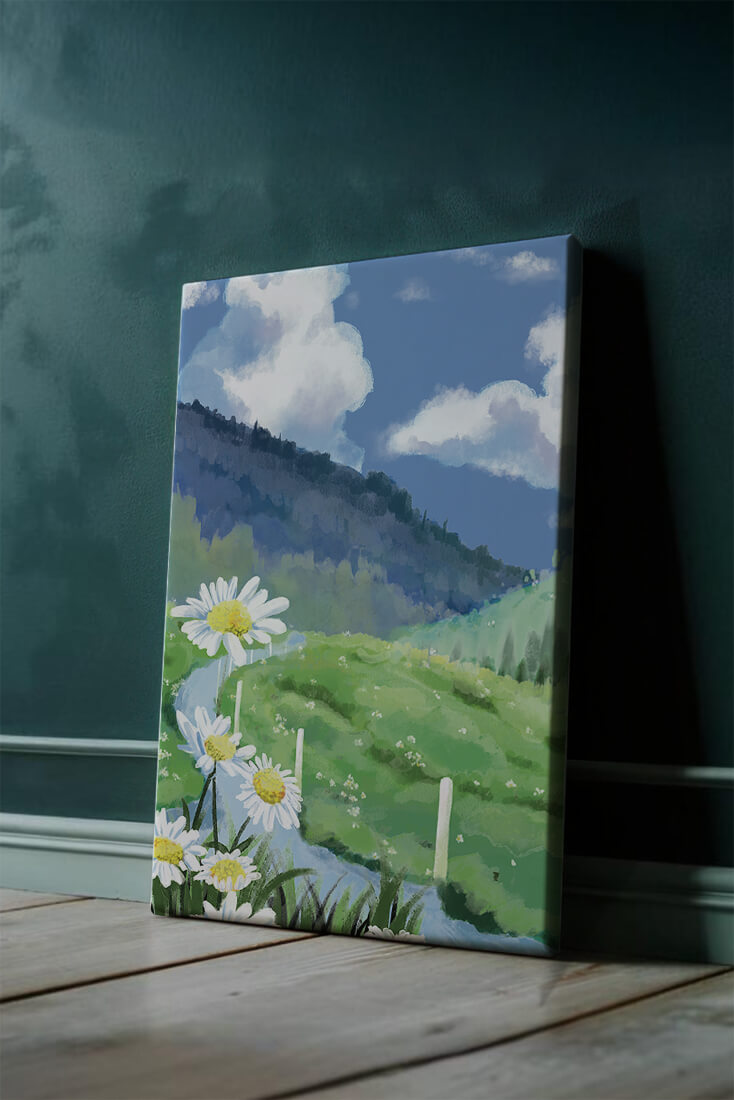 Meadow with Daisies Under Bright Blue Sky