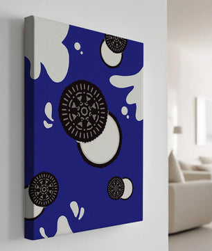 Graphic design featuring cookies and milk splashes on blue background