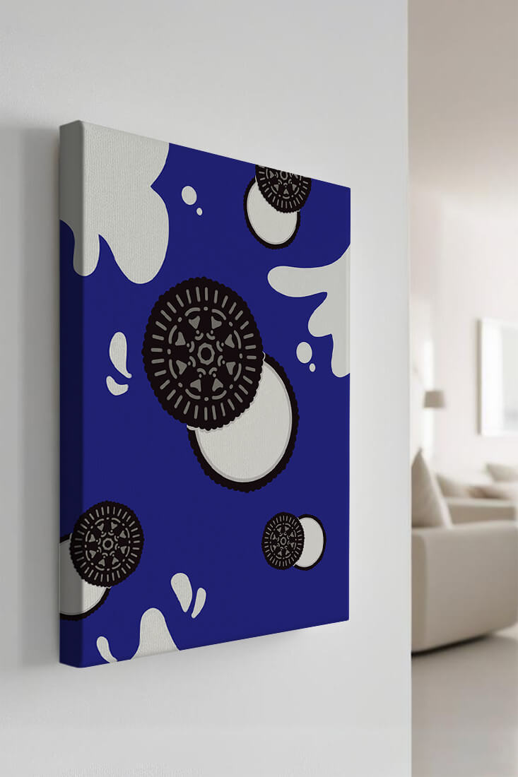 Graphic design featuring cookies and milk splashes on blue background