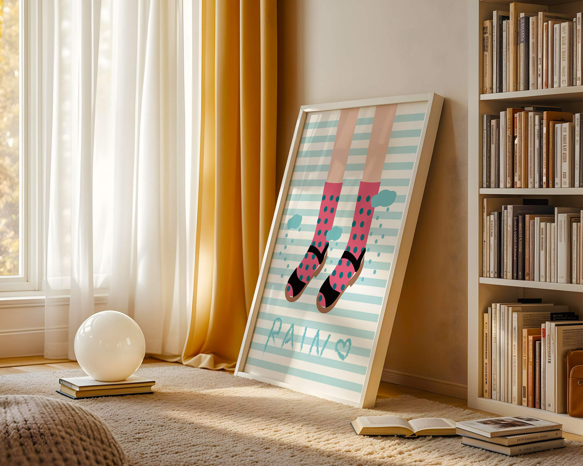 Illustration of polka dot socks and sandals on a striped background