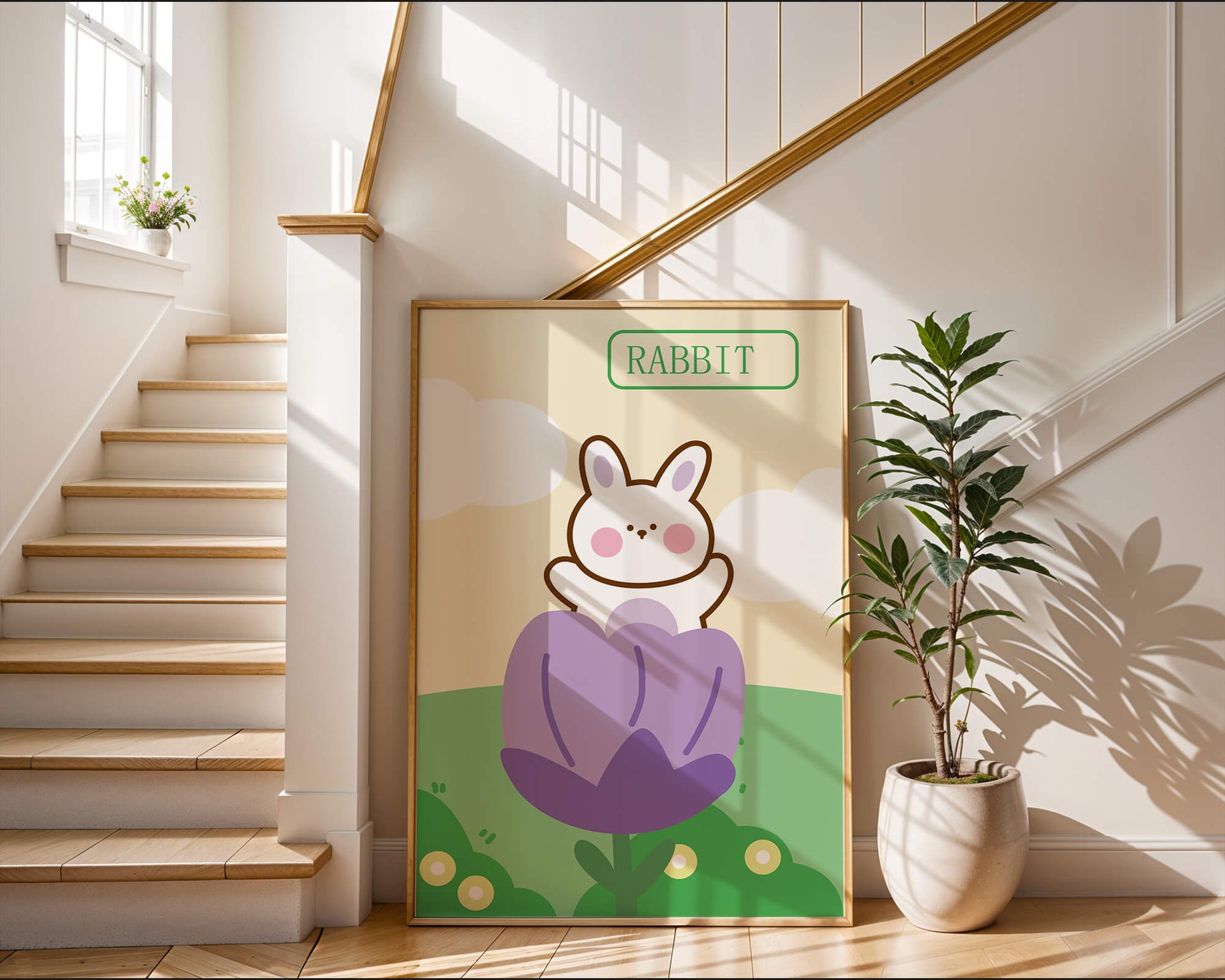 Ilustración caprichosa de un conejo adorable en una flor con colores pastel