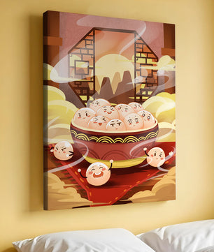 Dumplings de dibujos animados encantadores en un cuenco decorativo en medio de la niebla