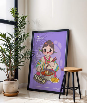 Charming illustration of Korean cuisine with a cheerful character