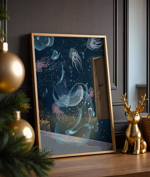 Tema de cuarto submarino con medusas y una puerta