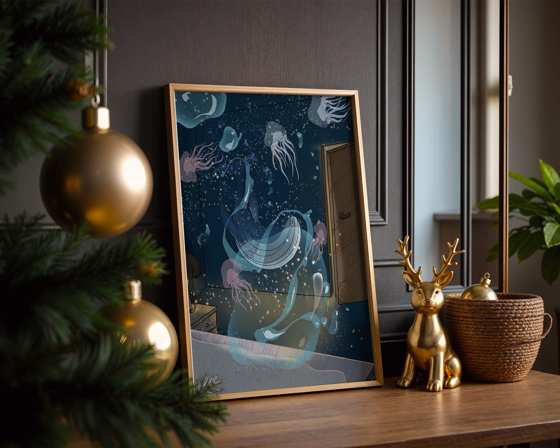 Underwater-themed room with jellyfish and a door