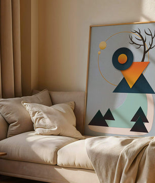 Abstract Geometric Landscape with Mountain and Sun - Mi tienda