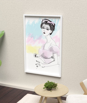 Elegant Woman in Vintage Fashion with Veil Hat and Pastel Background - Mi tienda