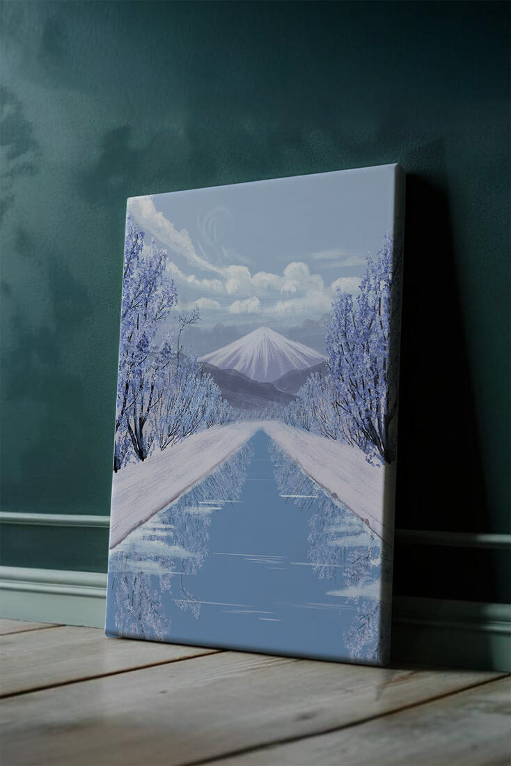 Serene winter landscape with mountain and snowy trees reflecting in water