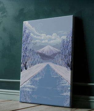 Serene winter landscape with mountain and snowy trees reflecting in water