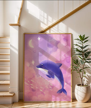 Dreamlike underwater scene with dolphin and moonlit sky