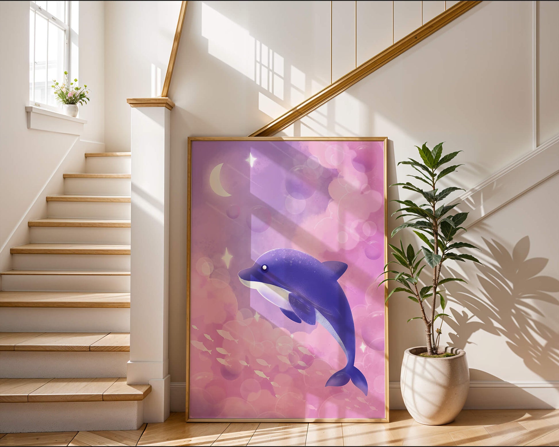 Dreamlike underwater scene with dolphin and moonlit sky