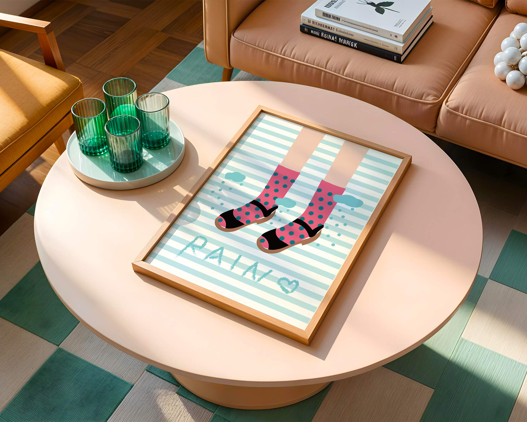 Illustration of polka dot socks and sandals on a striped background