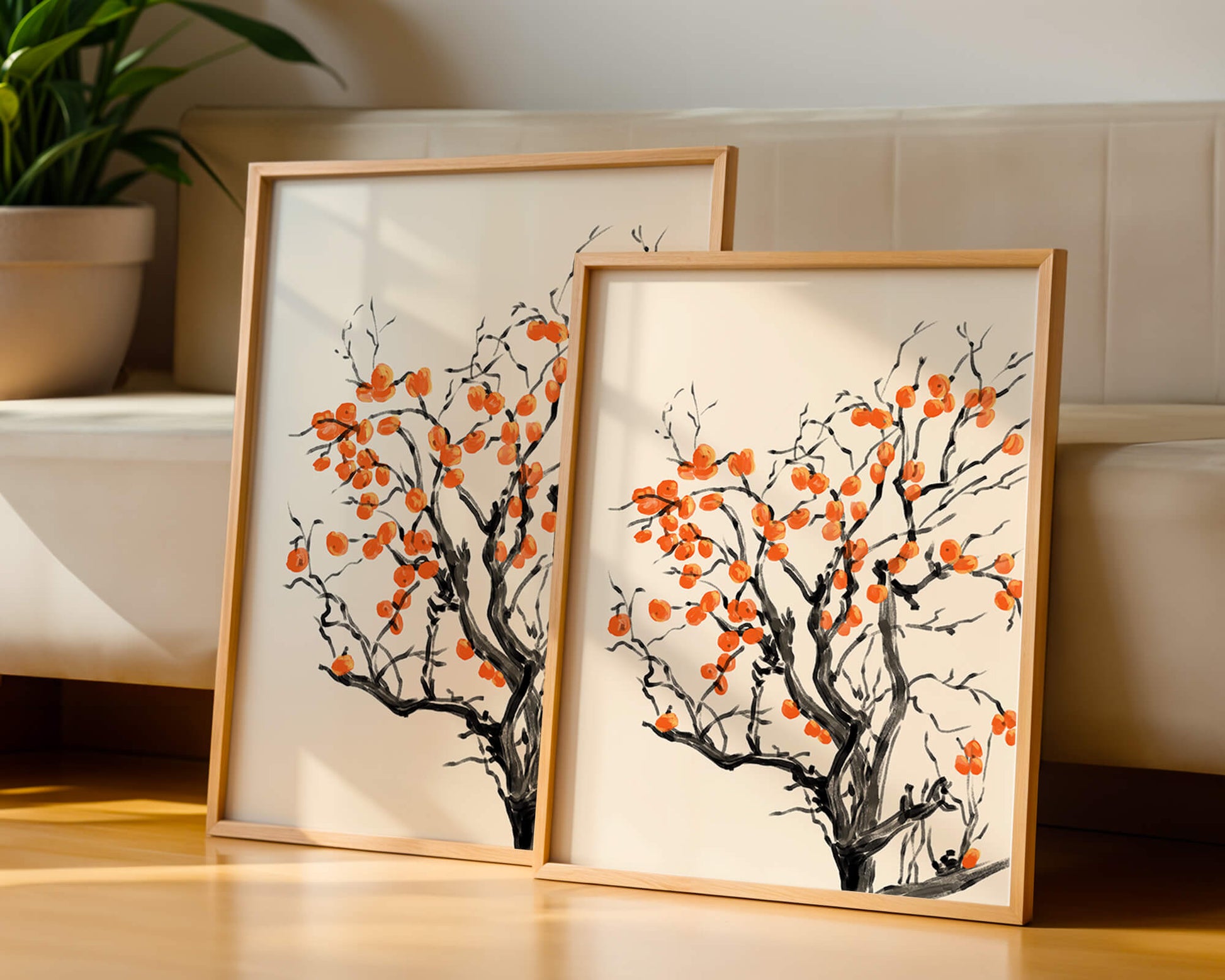 Elegant watercolor tree with vibrant orange fruit