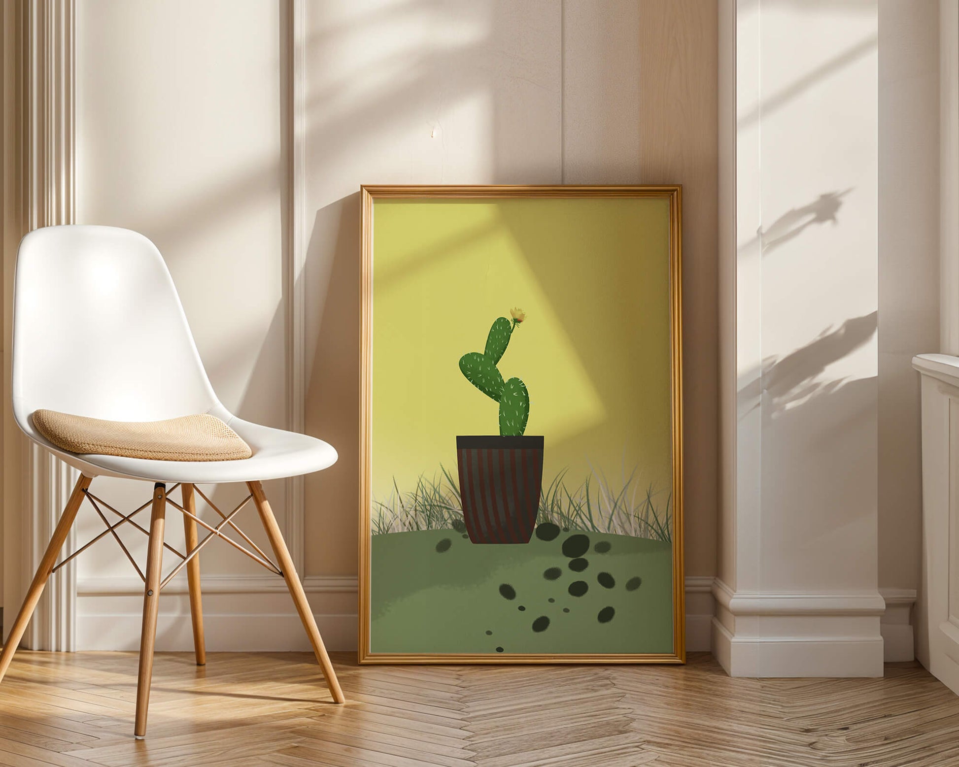 Illustration of a potted cactus with flower on soft background