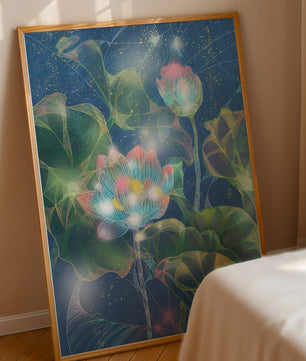 Bunte Lotusblumen mit abstraktem kosmischen Hintergrund